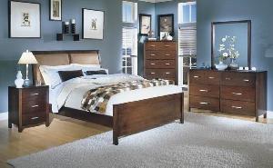 Mahogany Minimalist Jepara Bedroom Set With Leather Headboard Wooden 