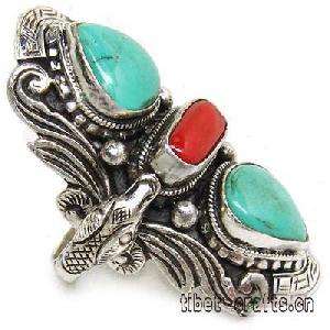 Tibet Finger Coral Turquoise Ring Size 13