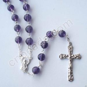 fashion catholic jewelry round amethyst rosary stone prayer beads 5 decade cross necklace