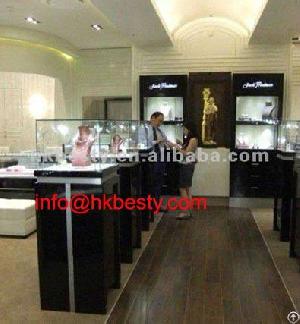 Black Matt Or Glossy Jewelry Galss Display Counter, Watch Wall Cabinet, Tower, Tank With Led