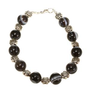 Sardonyx Agate Silver Floral Bead Bracelet