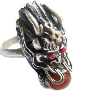 Tibetan Silver Jewelry Agate Bead Dragon Head Ring