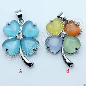 Four Leaves Clover Cats Eye Pendants