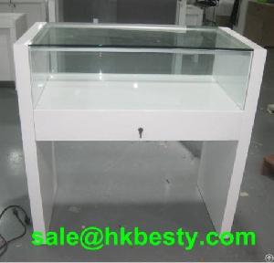 High Glossy White Shiny Surface Glass Wooden Jewelry Display Counter With High Power Led Lights