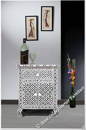 Black Bone Inlay Cross Design Curved Leg Bedside Table