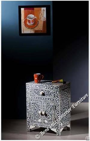 Black Bone Inlay One Drawer Two Door Bedside Table