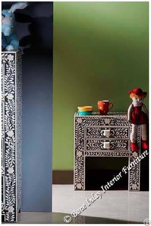 Black Bone Inlay Two Drawer Bedside Table