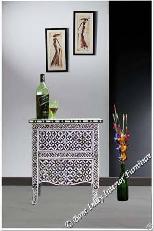Black Mother Of Pearl Inlay Cross Design Curved Leg Bedside Table