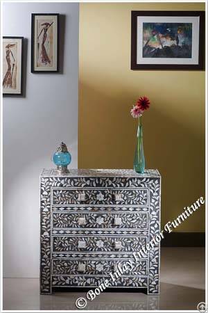 Black Mother Of Pearl Inlay Four Drawer Chest / Dresser