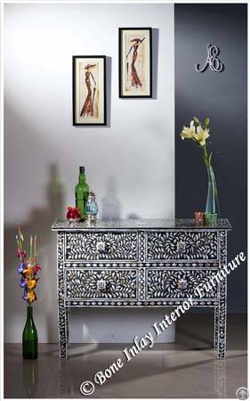 Black Mother Of Pearl Inlay Four Drawer Console Table