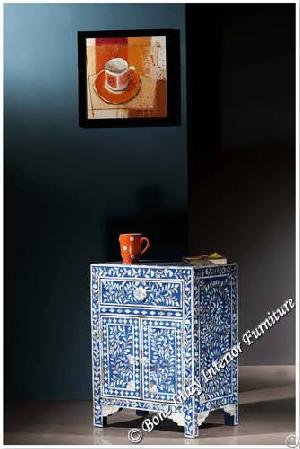 Blue Mother Of Pearl Inlay One Drawer Two Door Bedside Table