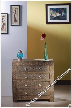 Embossed Brass Metal Four Drawer Chest / Dresser