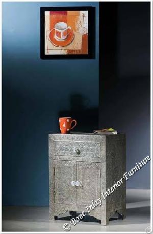 Embossed White Metal One Drawer Two Door Bedside Table