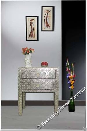 Embossed White Metal Two Drawer Bedside Table