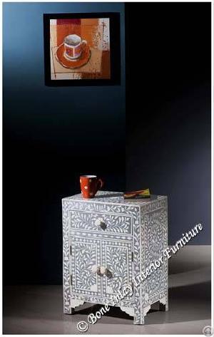 Handcrafted Grey Bone Inlay One Drawer Two Door Bedside Table