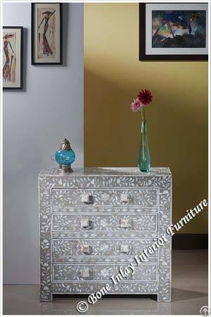 Grey Mother Of Pearl Inlay Four Drawer Chest / Dresser