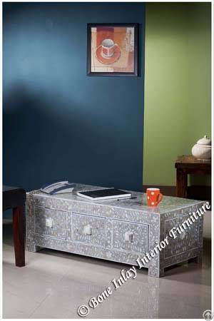 Grey Mother Of Pearl Inlay Three Drawer Coffee Table