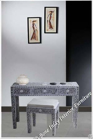 Grey Mother Of Pearl Inlay Three Drawer Console Table With Stool