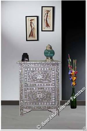 Grey Mother Of Pearl Inlay Two Drawer Bedside Table