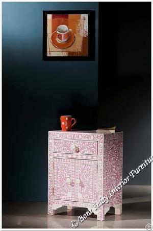 Pink Bone Inlay One Drawer Two Door Bedside Table