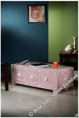 Pink Bone Inlay Three Drawer Coffee Table