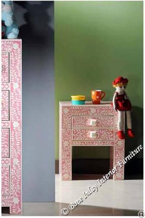 Pink Bone Inlay Two Drawer Bedside Table