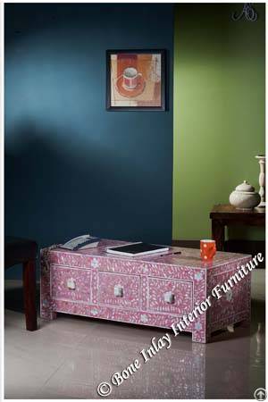 Pink Mother Of Pearl Inlay Three Drawer Coffee Table