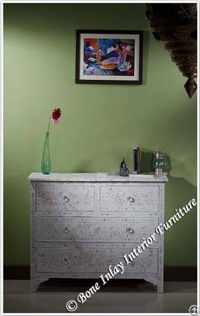 White Mother Of Pearl Inlay Chest Of Drawer / Dresser