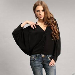 Batwing Sleeve Retro V-neck Blouse Black Red White