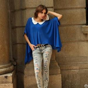 Cute Collar Loose Chiffon Batwing Blouse Blue Black