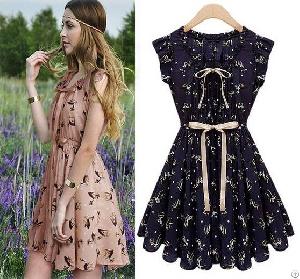 Sweet Deer Printed Pleated Chiffon Dress Pink Navy