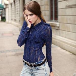 vintage pattern sheer shirts women blue