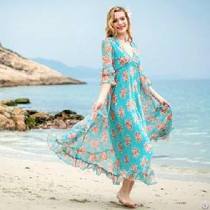 Beach Pattern Big Lap V-neck Long Dress Black Blue Leopard