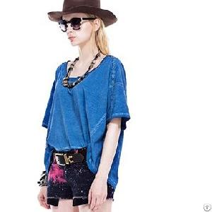 beads decorate batwing sleeve t shirts blue