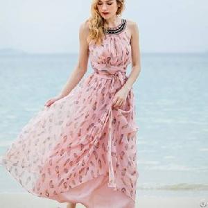 Bohemian Elegant Slim Sand Long Pink Chiffon Dress