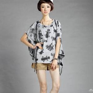 Fashion Bat Sleeve Printed Lace Loose T-shirt For Women Grey White