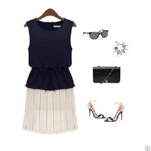 fashion spliced tie waist dress navy ivory