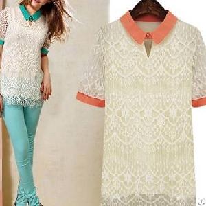 Lace Decorate Flowy Blouses Orange Green