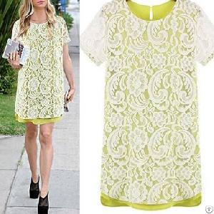 Lace Decorate Round Collared Dress Green Orange