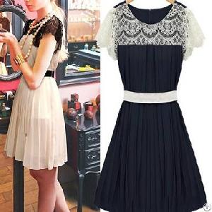 Lace Style Chiffon Belted Dresses Apricot Blue