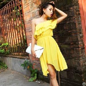 One Shoulder Chiffon Dresses For Women Yellow Black Pink