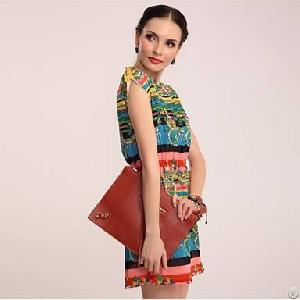 Retro Style Pleated Round Collar Bright Colored Dresses