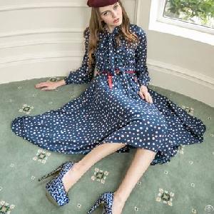 Retro Sweet Dots Chiffon Long Dress Blue