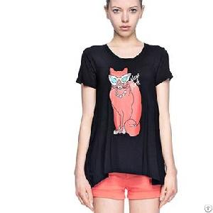 Round Collar Cat Print Black Tee Shirts