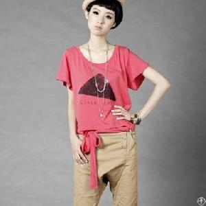 Round Collar Tied Women Tees Red