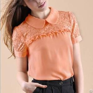 short sleeve chiffon lace tops women orange