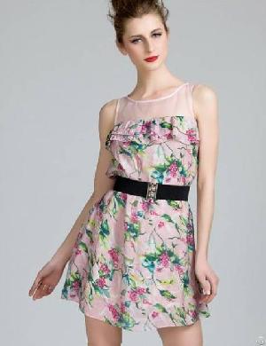 sleeveless pattern belt decorate women summer dresses pink