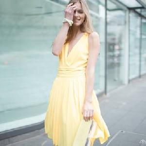 Slimming Style V-neck High Fashion Dresses Yellow Blue