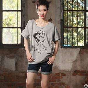 Western Bat Sleeve Printed Loose Neck T-shirt Grey White