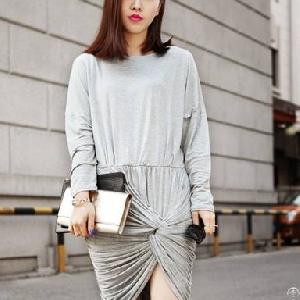 western bat sleeve vent draped dress grey